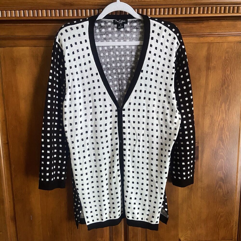Nue Options Button-Up Cardigan Cotton Blend Size 1X Black/White Square Polka Dot